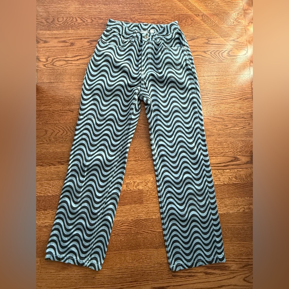 RAGGED PRIEST Wave Print Jeans Retro 70s Groovy high Rise Psychedelic Pants‎ 24